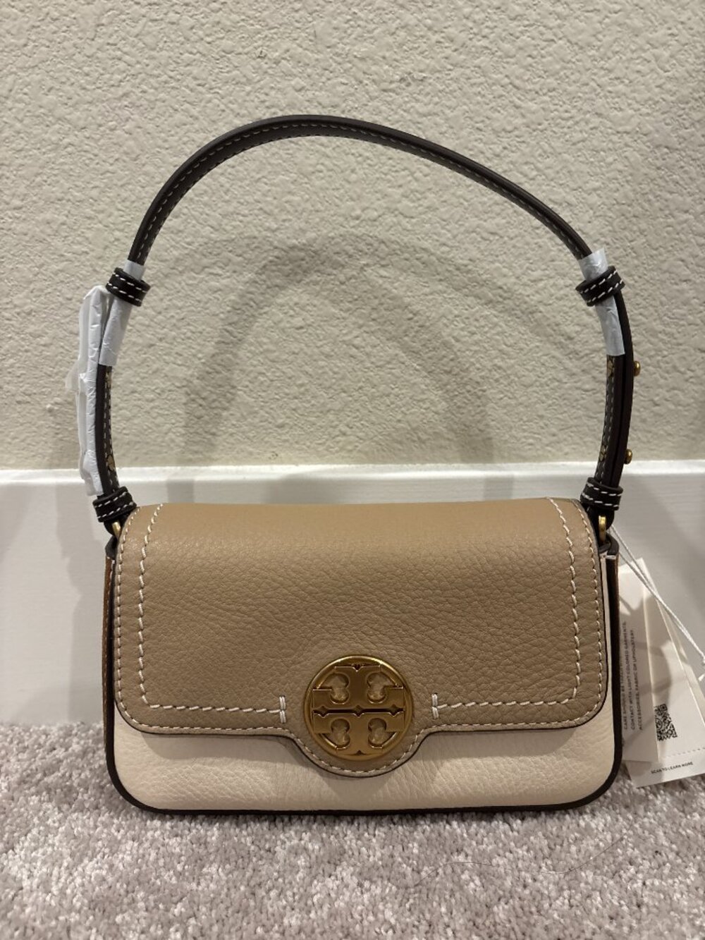NEW Tory Burch Felix Mini Shoulder Flap Bag Taupe Brown White Black Gold